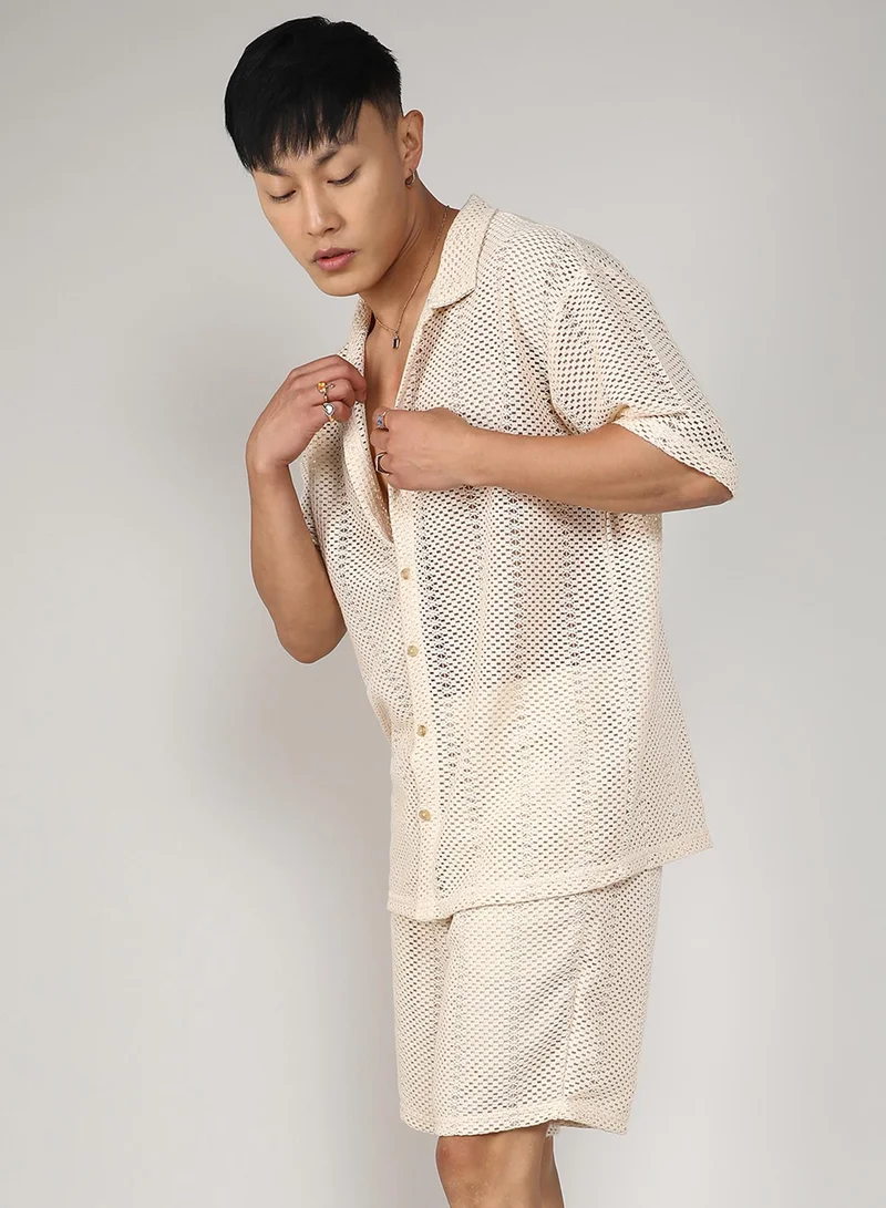 CAHOOT  Men's Ivory White Crochet Co-Ord Set For Casual Wear | Spread Collar | Short Sleeve | Button Closure | Co-Ords Crafted With Comfort Fit For Everyday Wear for Men | Best Price UAE